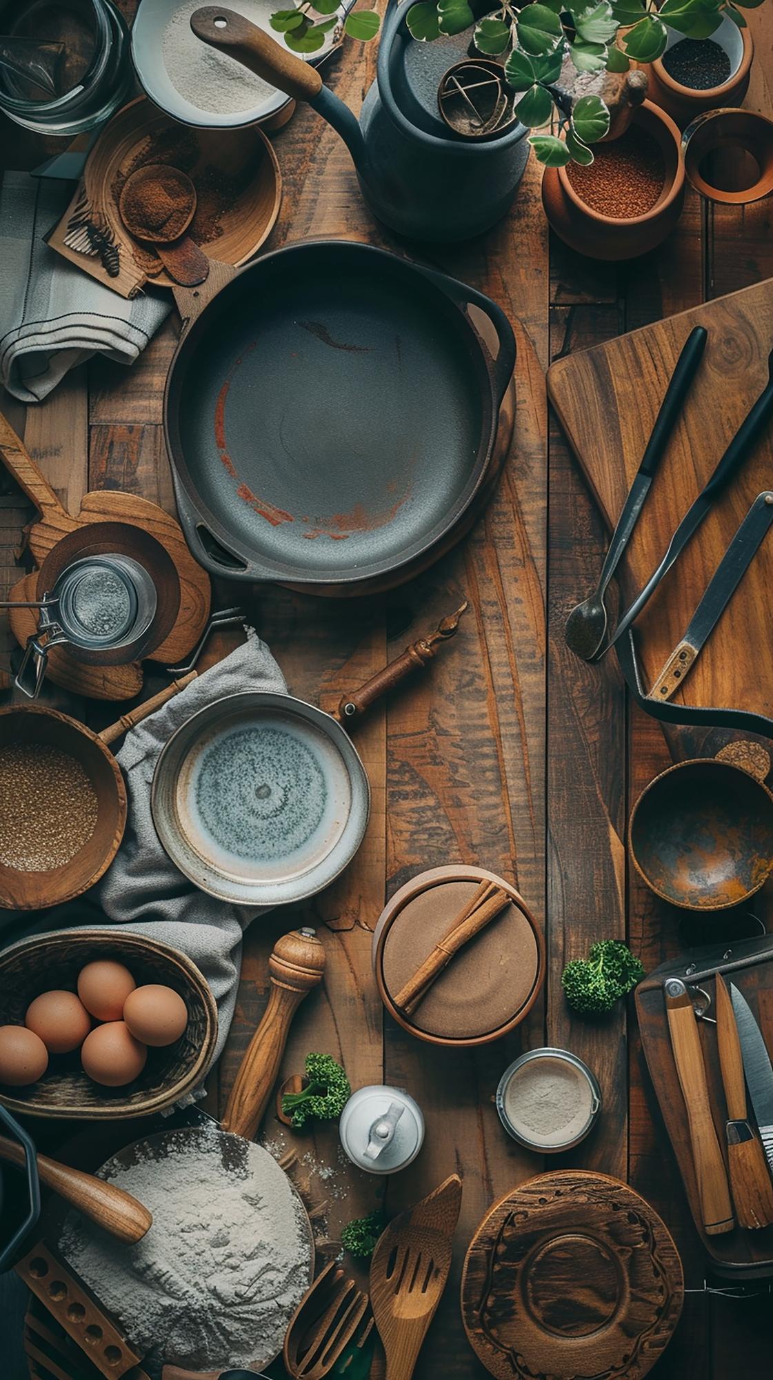 Workshop workspace with tools and plated dishes